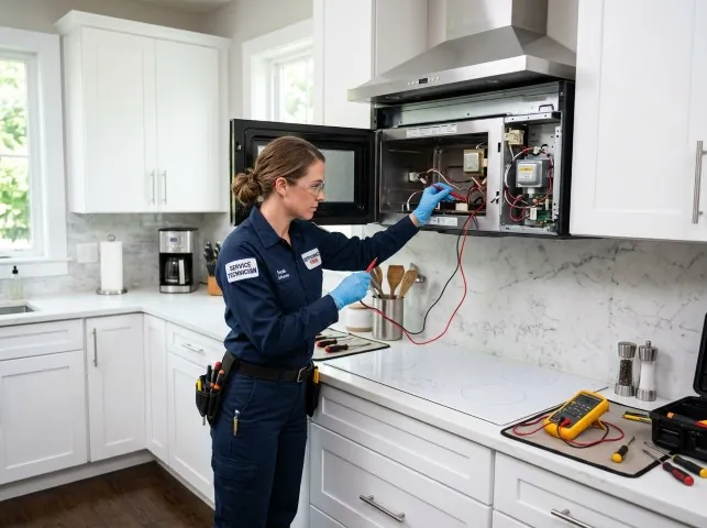 Appliance Repair Hero technician testing an over-the-range microwave in a Buies Creek, NC kitchen