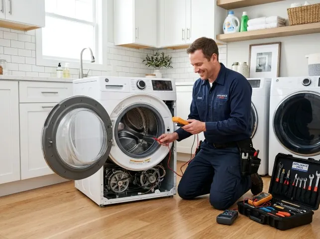 Appliance Repair Hero technician testing a front-load washer with a multimeter on a Buies Creek, NC service call